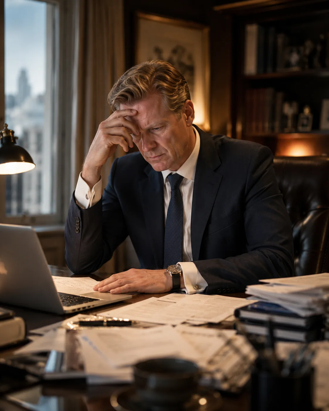 A British businessman dealing with professional stress and difficult decisions.