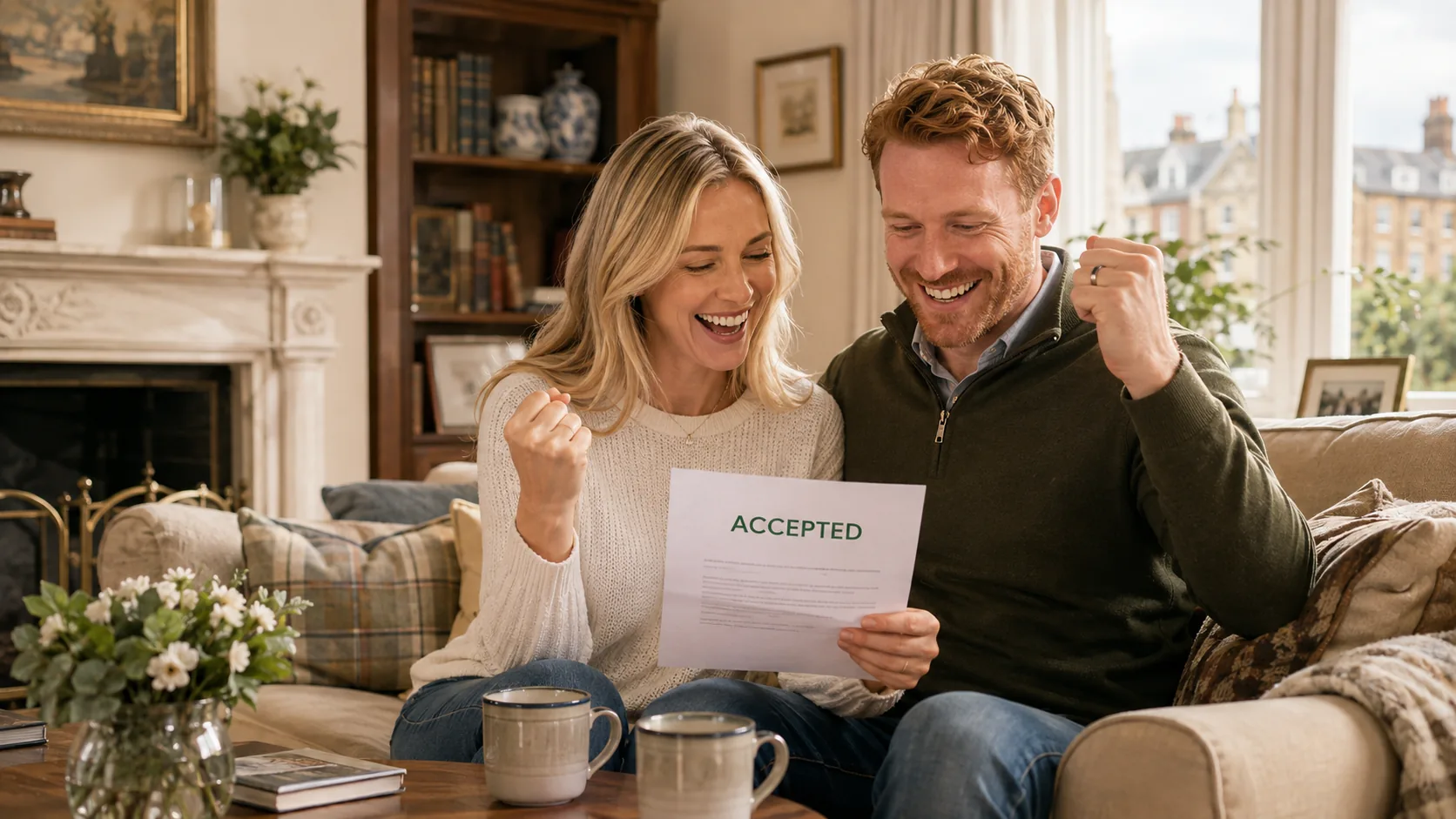 A British couple celebrating positive news about an important personal project.