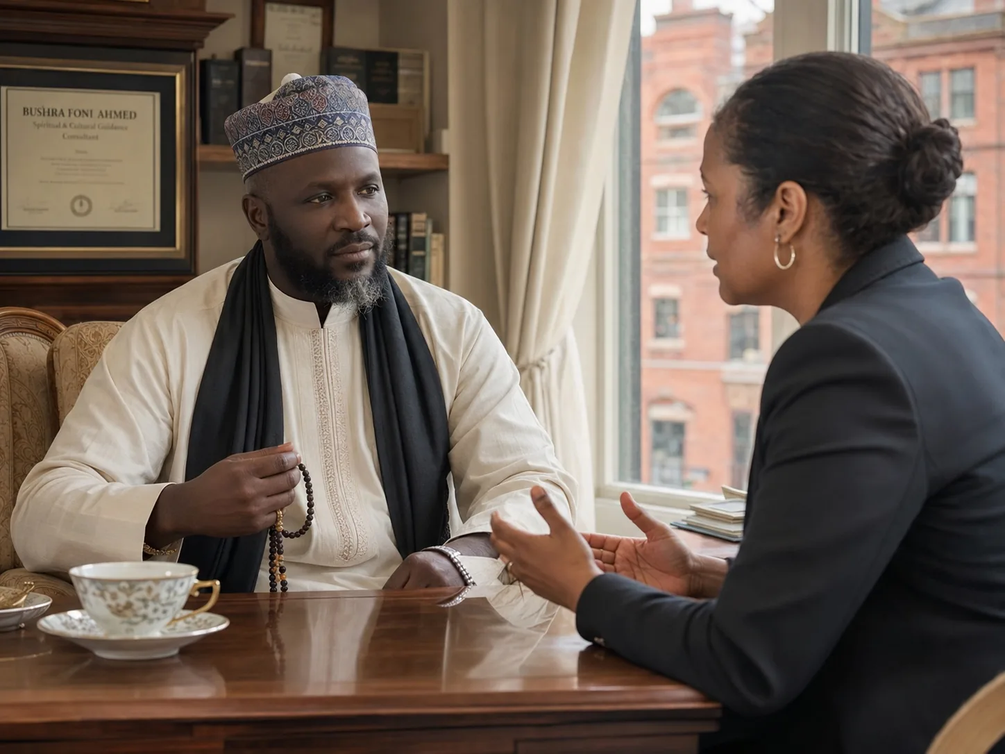 Bushra Foni Ahmed listening to a female client during a private consultation in Birmingham.