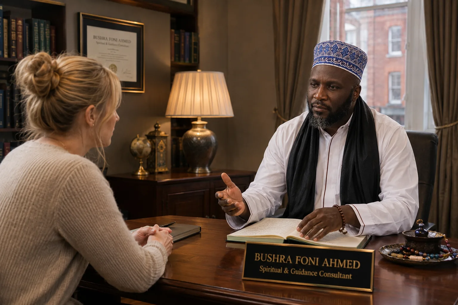 Bushra Foni Ahmed speaking with a blonde client in his Birmingham consultation office.