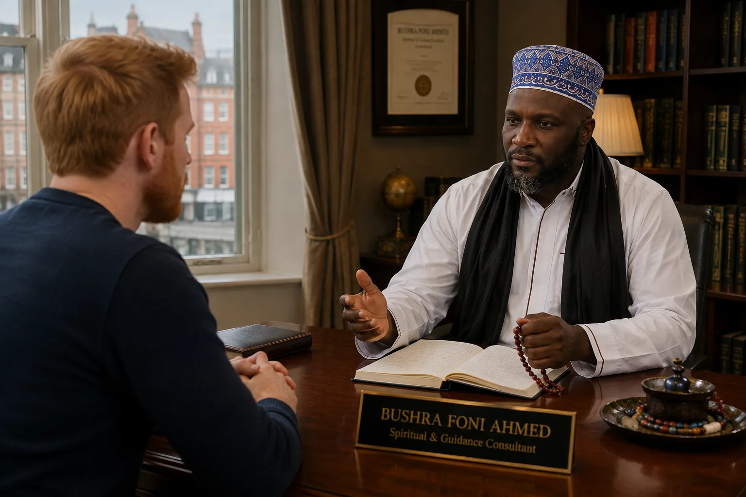 Bushra Foni Ahmed advising a red-haired English client in a professional office.