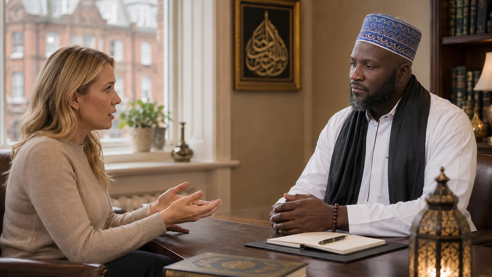 An English woman speaking with Bushra Foni Ahmed during a confidential consultation.