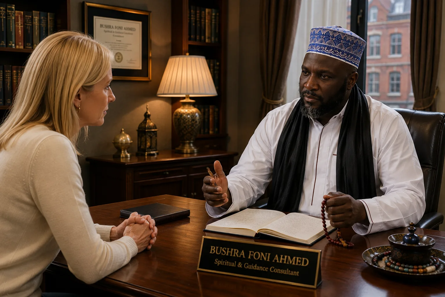 Bushra Foni Ahmed giving guidance to a blonde woman in a warm Birmingham office.
