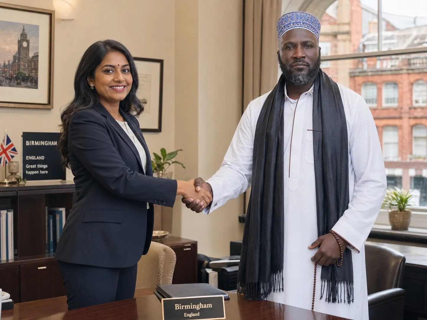 Bushra Foni Ahmed welcoming an Indian client in a Birmingham office.
