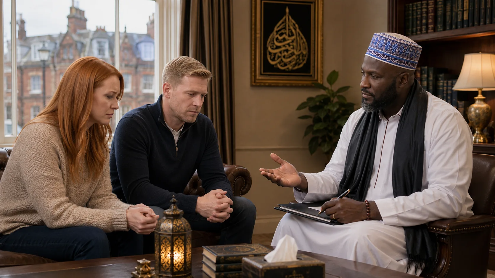 Bushra Foni Ahmed speaking with an English couple during a relationship consultation.