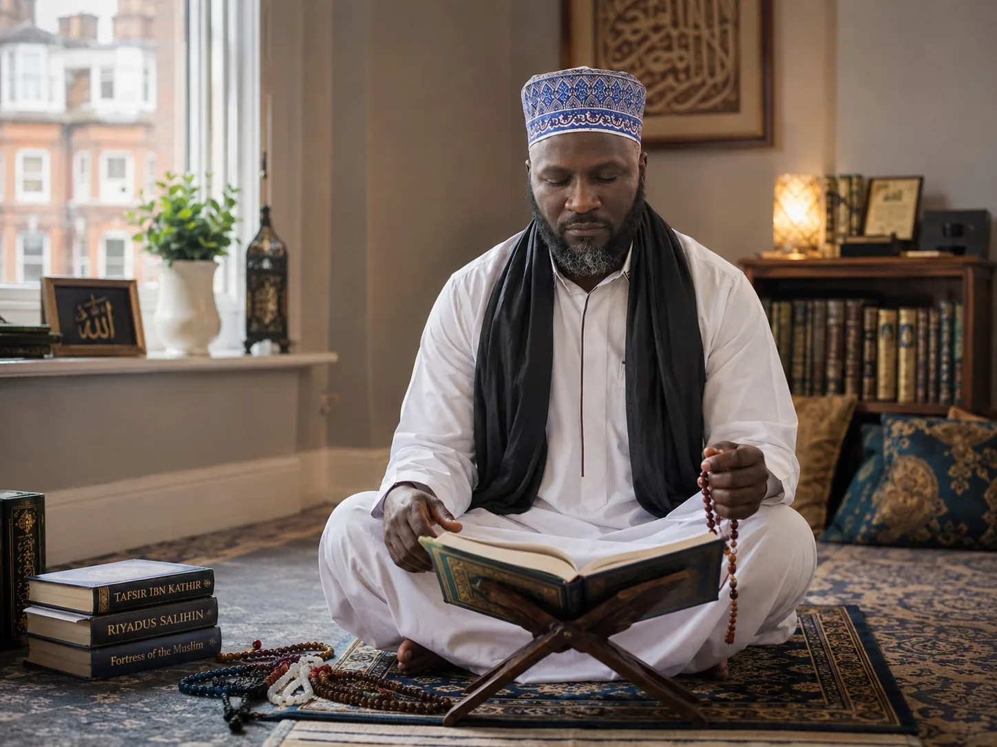 Bushra Foni Ahmed in prayer and Quran recitation in his Birmingham spiritual office.